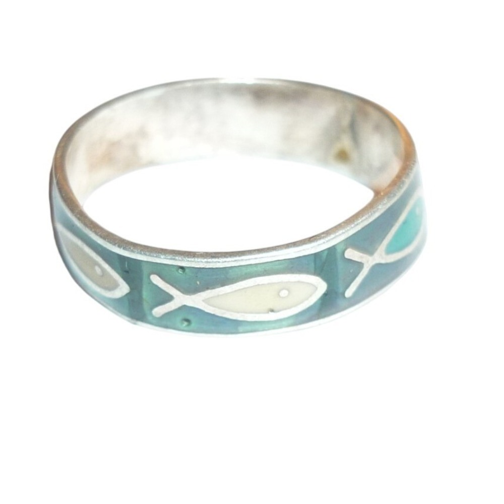 Vintage Mexico 925 Sterling Silver Fish Inlay Band Ring Green Enamel Size 7